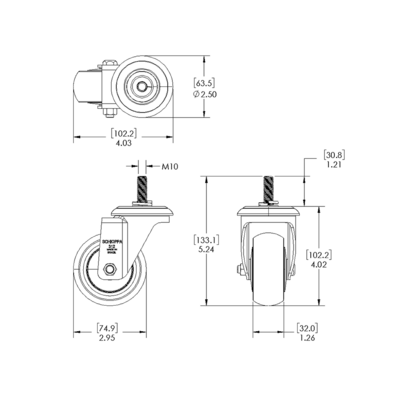 31-SM10D3-7 MODULAR SOLUTIONS ALUMINUM CASTER<br>3" SWIVEL, M10 STEM W/LOCK